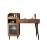 Coffee brown wooden vanity table with side cabinets, open storage, and drawers for bedroom organization